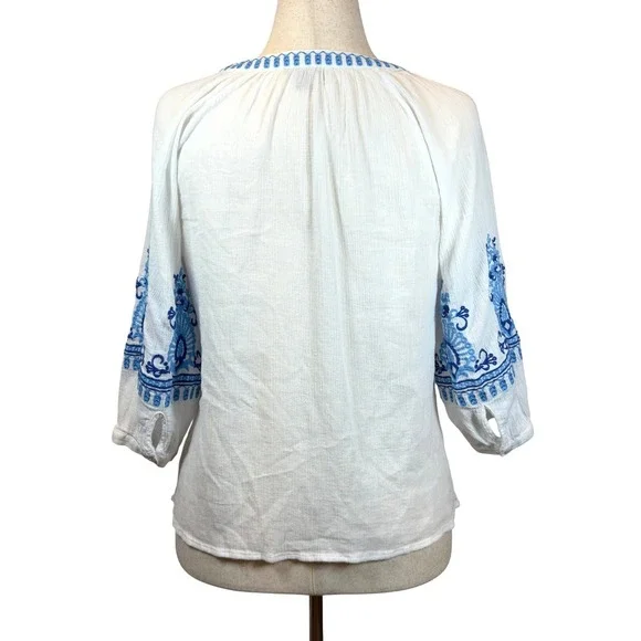 Talbots Gauze Cotton Embroidered Blouse White Blue Boho Peasant Cottagecore PM - Picture 4 of 8